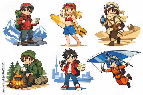 Adventurous cartoon characters engaging in various outdoor activities and travel themes