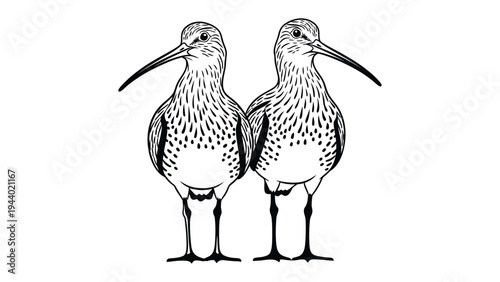 Pair of Curlew Birds:  A detailed illustration shows two elegant curlew birds, showcasing their unique long, curved beaks, and their textured plumage in a monochrome, artistic style.