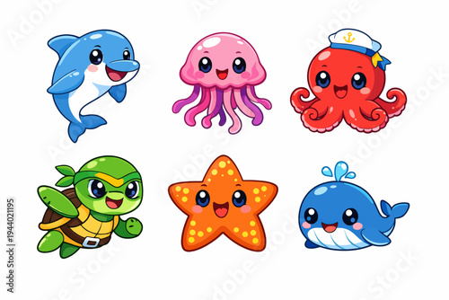 Cute cartoon sea creatures collection: dolphin, jellyfish, octopus, turtle, starfish, whale