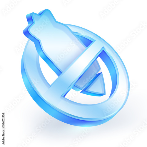 3D glass icon of a rocket with a prohibition sign. Concept of anti-war, peace, military disarmament and stopping weapons in warfare. Glossy crystal design on white background. vector illustration.