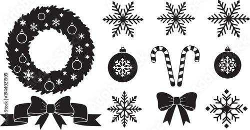 Black and white Christmas decorations and ornaments set