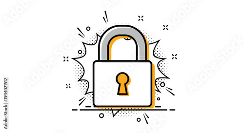 Secure padlock icon in a pop art comic style with decorative elements and halftone background for cybersecurity and protection concepts.