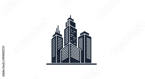 Modern city skyline icon with high rise skyscrapers in a simple black silhouette style for urban development and real estate.