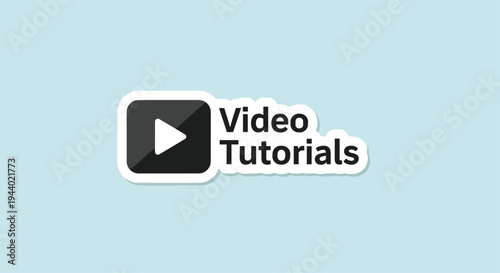 Video tutorials label with play button icon and sticker effect on a light blue background for educational content platforms.