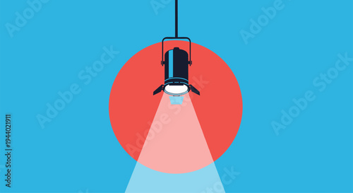 Studio spotlight lamp casting a beam of light on a red circular background in a creative professional flat design style.