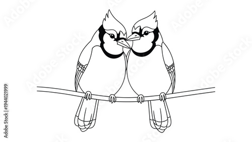Ink Serenade: Two intricately drawn blue jays perch intimately on a slender wire, their forms rendered with delicate lines, celebrating a moment of togetherness.