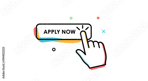 Apply now button with a hand cursor clicking it in a colorful modern graphic style for job applications and registration.