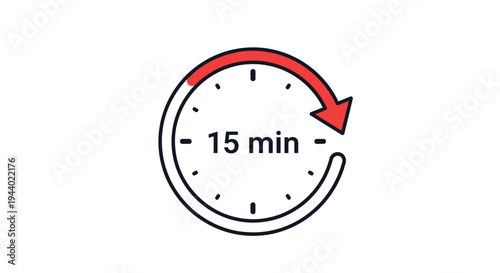 Fifteen minute timer icon with a red arrow showing the duration on a clock face in a simple clean design.