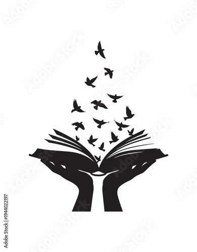 A black silhouette of hands holding an open book with birds flying out of it.