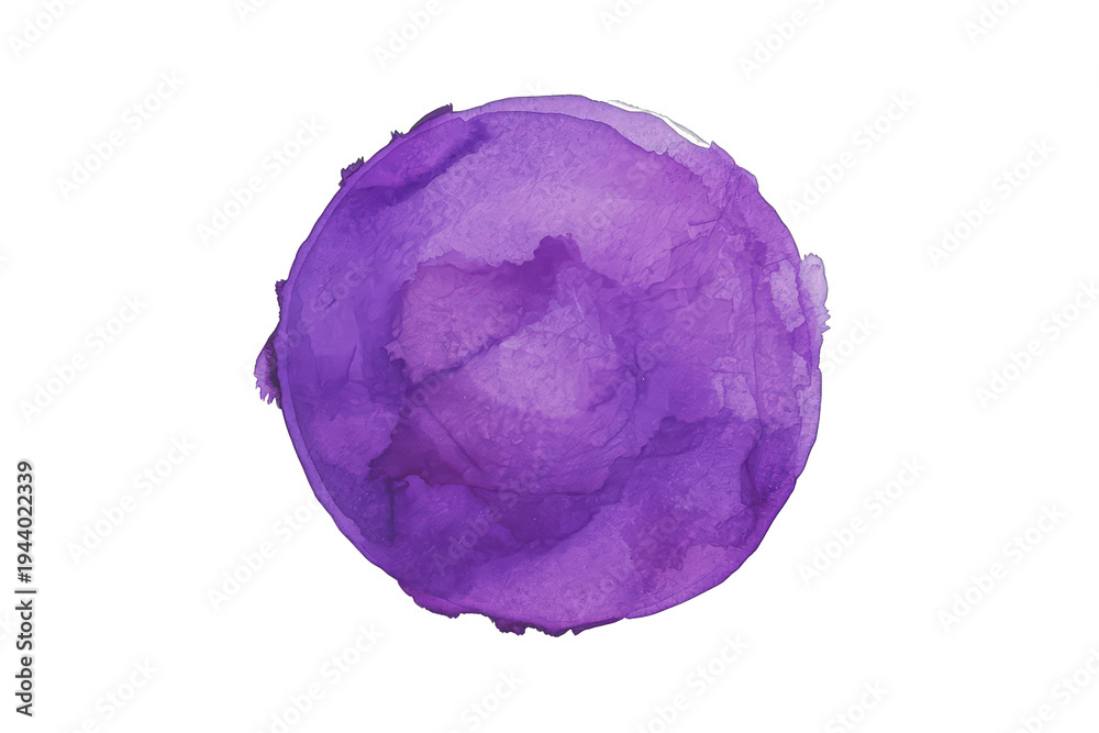 Fototapeta premium Purple watercolor paint splash creating a round shape, abstract vibrant texture, graphic element on transparent background