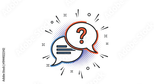 Question and answer chat icon with speech bubbles and halftone decorative effects in a colorful pop art style.