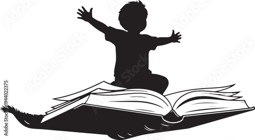 Child in superhero cape flying on open book, representing imagination on white background. on white background