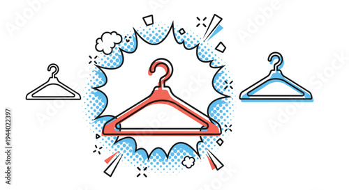 Set of clothes hanger icons in outline solid red and blue styles with comic pop art decorative backgrounds.