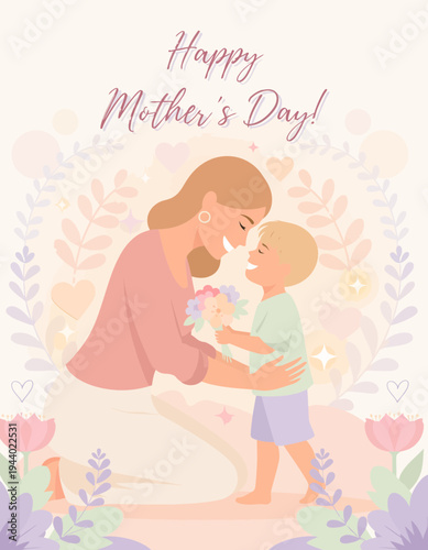 Happy Mother's Day illustration featuring a mother and child sharing a tender moment surrounded by floral accents
