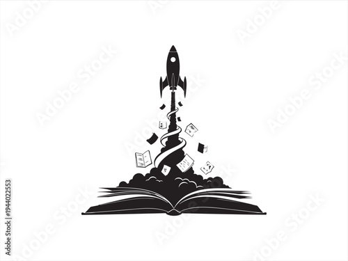 Rocket launching from an open book, symbolizing knowledge and discovery on white background. on white background.