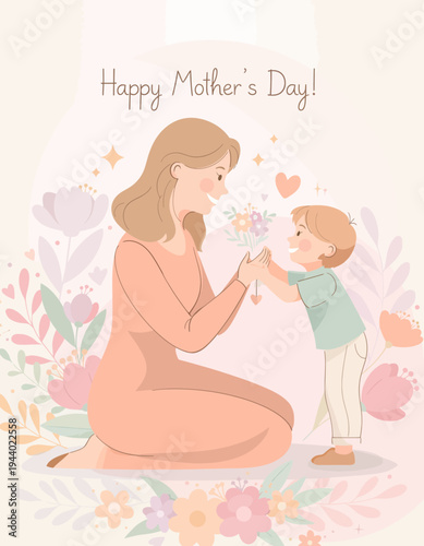 A heartwarming illustration celebrating Mother's Day with a mother and child sharing a bouquet of flowers surrounded by a delicate floral arrangement