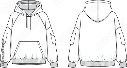 Technical Flat Sketch of an Oversized Raglan Hoodie with Cargo Sleeve Pockets and Kangaroo Pocket for Fashion Design and Tech Packs.