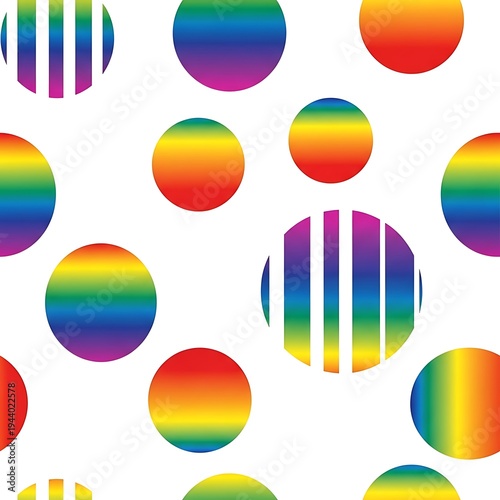 Vibrant rainbow circles create a cheerful seamless pattern, offering an abstract and energetic background design with dynamic striped elements