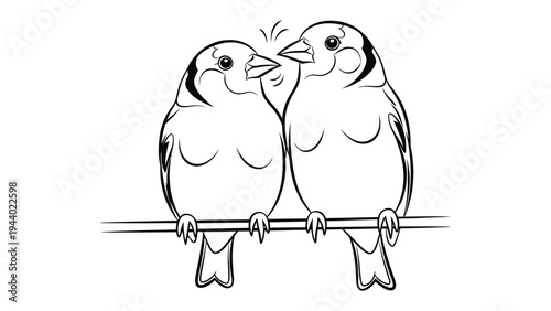 Intimate Connection: Two birds perch gracefully on a slender branch, their delicate forms captured in a simple yet elegant black and white illustration.