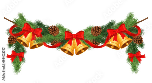 Christmas Garland with Bells, Pine Cones, and Red Ribbons