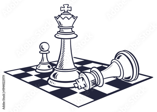 Chess pieces on a board with a king and queen facing each other isolated on transparent background, isolated on white background, Vector