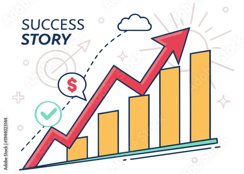 A vibrant illustration of a success story with a dollar sign and a rising graph. isolated on transparent background, isolated on white background, Vector