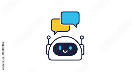 Friendly chatbot robot icon with colorful speech bubbles representing artificial intelligence and customer support services.