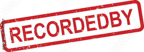 A red textured grunge rubber stamp with the word RECORDEDBY on a white surface