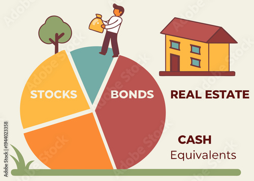 A pie chart illustrating different investment options including stocks, bonds, real estate, cash, and equipment. isolated on transparent background, isolated on white background, Vector