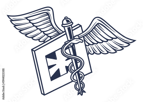 A caduceus symbol featuring a winged staff with two snakes intertwined around it. isolated on transparent background, isolated on white background, Vector