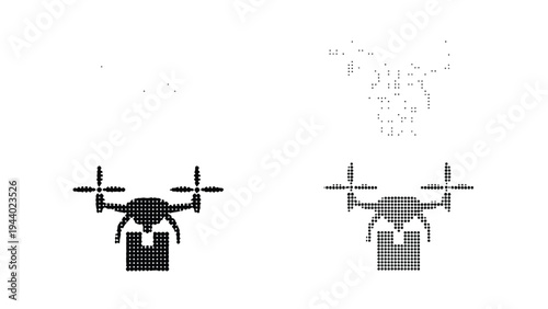 Black and gray drone icons with packages attached flying in opposite directions on a white background with a minimalist design.