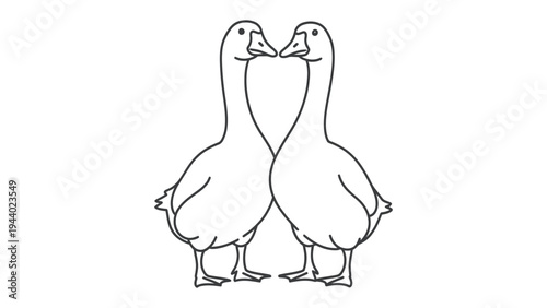 Pair of Goose Love: Symmetrical illustration of two geese facing each other, their beaks almost touching, symbolizing love, harmony, and the beauty of pairing.
