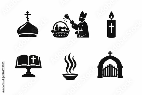 Christian symbols: cross, bishop, candle, bible, incense, church gate icons