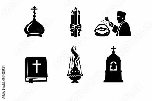 Orthodox christian symbols: dome, candles, priest, bible, censer, bell tower