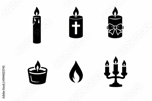 Set of candle icons featuring flame designs and candleholder