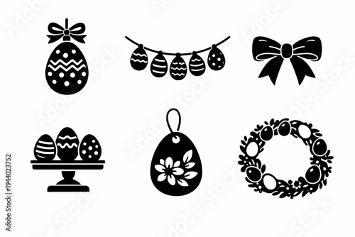 Black and white easter egg designs with bows and wreaths