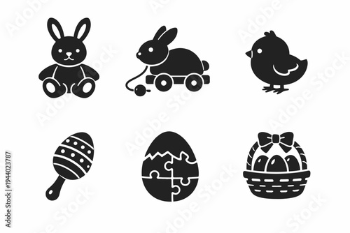 Easter icons: bunny, chick, egg, basket, puzzle, rattle silhouettes on white background