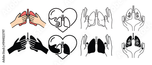 Collection of illustrative icons symbolizing health and care for the human lungs and respiratory system