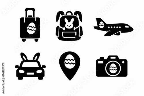 Easter-themed travel icons: luggage, backpack, airplane, car, map marker, camera