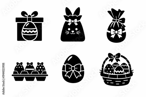Easter icons: gift boxes, bunny, eggs, basket in black silhouette set