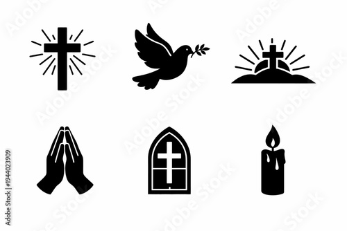 Christian symbols: cross, dove, praying hands, church window, candle