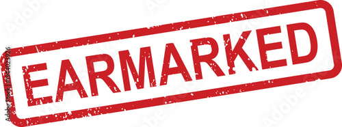 A rustic looking red rectangular rubber stamp features the prominent word EARMARKED against a simple white backdrop