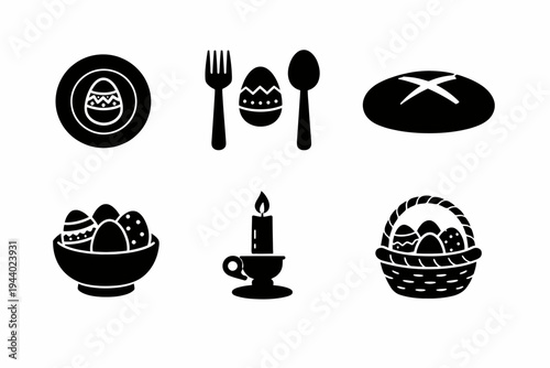 Easter symbols: eggs, bread, candle, tableware, basket icons set