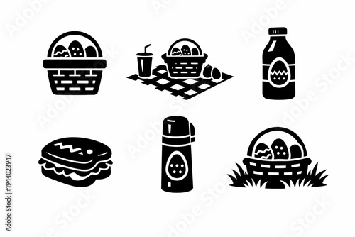 Picnic basket icons with sandwich, thermos, and beverage