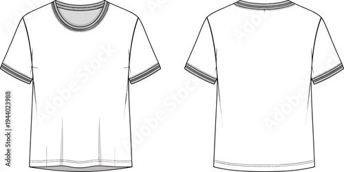 White blank crew neck t-shirt technical flat sketch vector illustration with ribbed collar and sleeve cuffs front and back view
