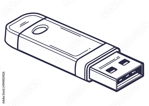 A black and white drawing of a usb flash drive with a cap on one end isolated on transparent background, isolated on white background, Vector