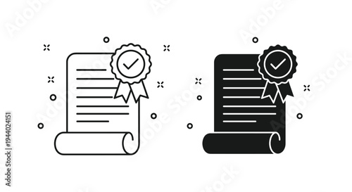 Pair of document icons with a quality seal and check mark representing certification, graduation, or diploma status.