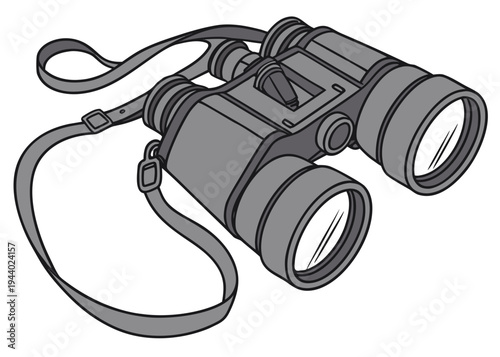 A pair of binoculars with a black strap attached to them, ready for outdoor use. isolated on transparent background, isolated on white background, Vector