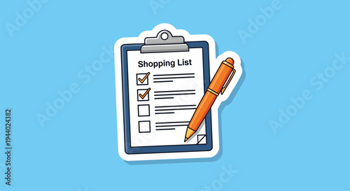 Shopping list on a clipboard with check marks and an orange pen illustration on a light blue background sticker.