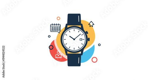 Stylish wristwatch illustration with colorful abstract shapes and icons representing time management and lifestyle.